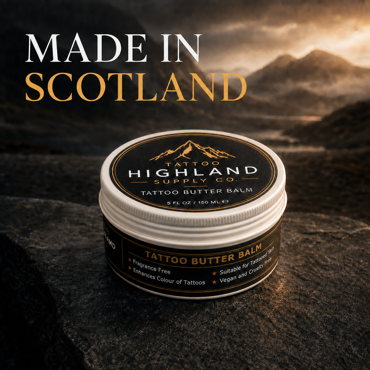Highland Tattoo Supply Co balm against a Scottish Highland landscape